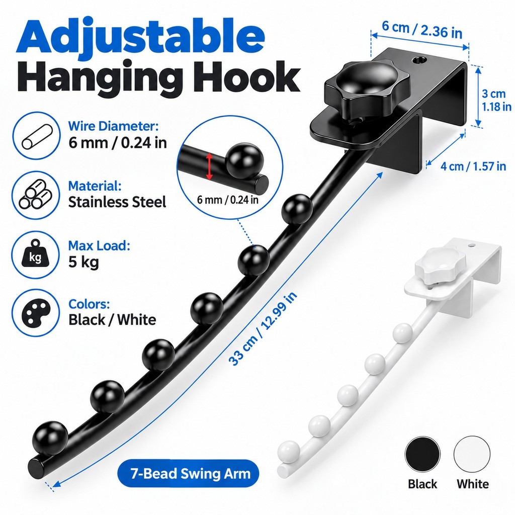 1/2pcs stainlesss steel adjustable hooks for square tubes with movable arms and 7 balls for wall-mounted clothes racks