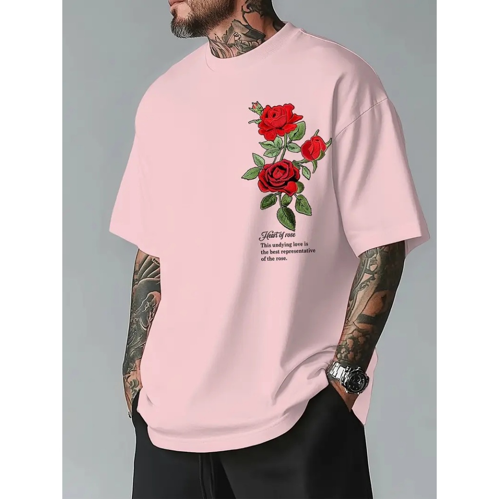CAMISETA BASICA MASCULINA COM ESTAMPA ROSA FRASE INGLES