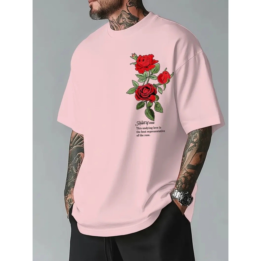 CAMISETA BASICA MASCULINA COM ESTAMPA ROSA FRASE INGLES