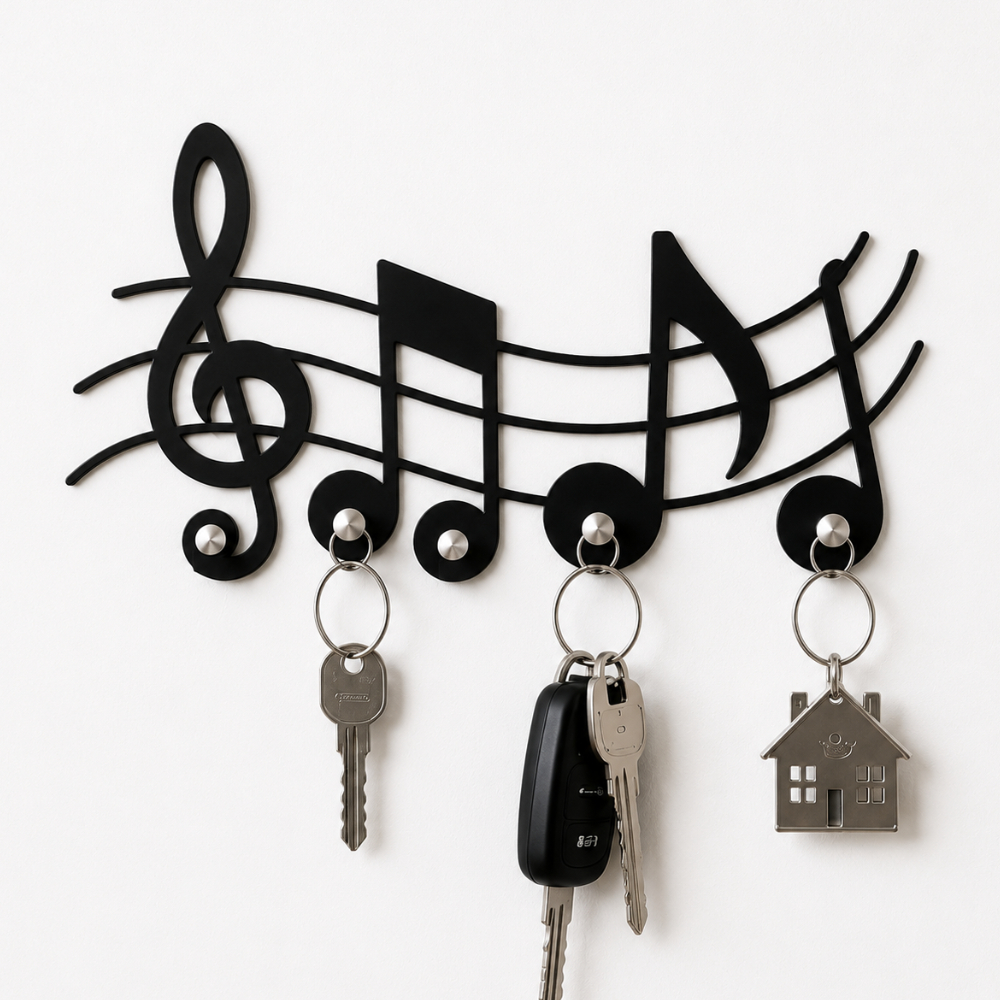 Aplique Porta Chaves Decorativo Parede Notas Musicais Musica Decorativo Sala Enfeites MDF Preto