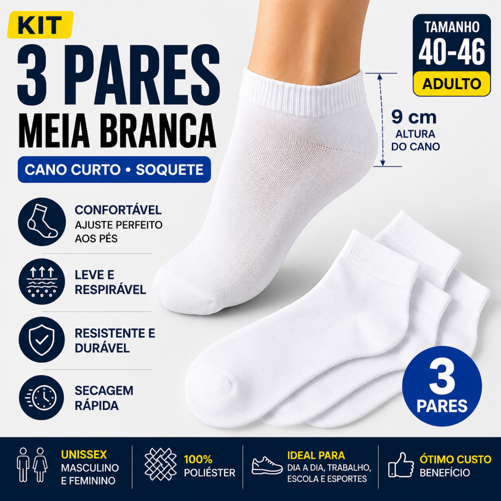 Kit Com 03 Pares de Meias Básica Para o Dia a Dia Unissex Calça do 40/46 ADULTO INFANTIL Punho 4Cm