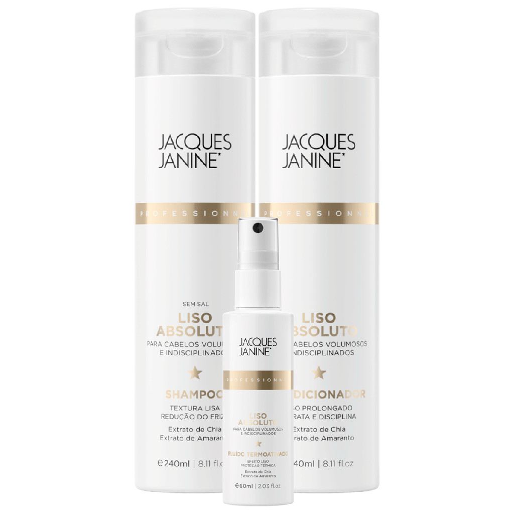 Kit Jacques Janine Liso Absoluto Shampoo Condicionador 240ml Spray Finalizador 60ml
