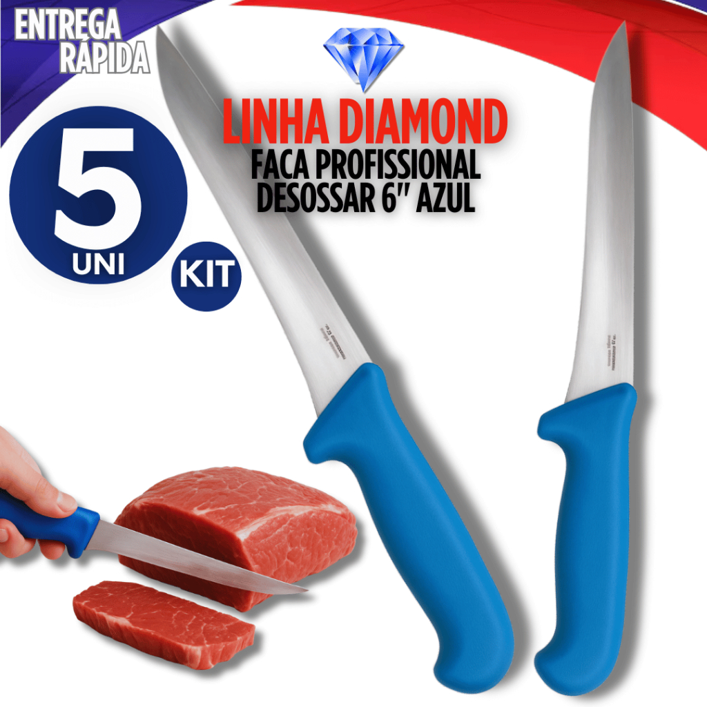 Combo 5 Faca De Desossar Aço Inox Profissional Azul inox+resina