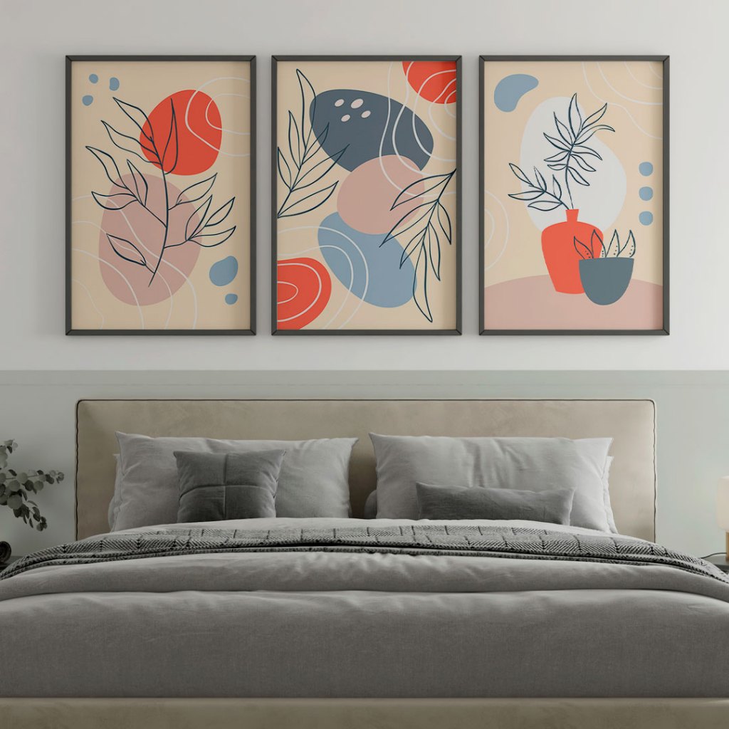 Conjunto 3 Quadros Decorativos Abstratos Formas Coloridas Cubos Folhagem Plantas