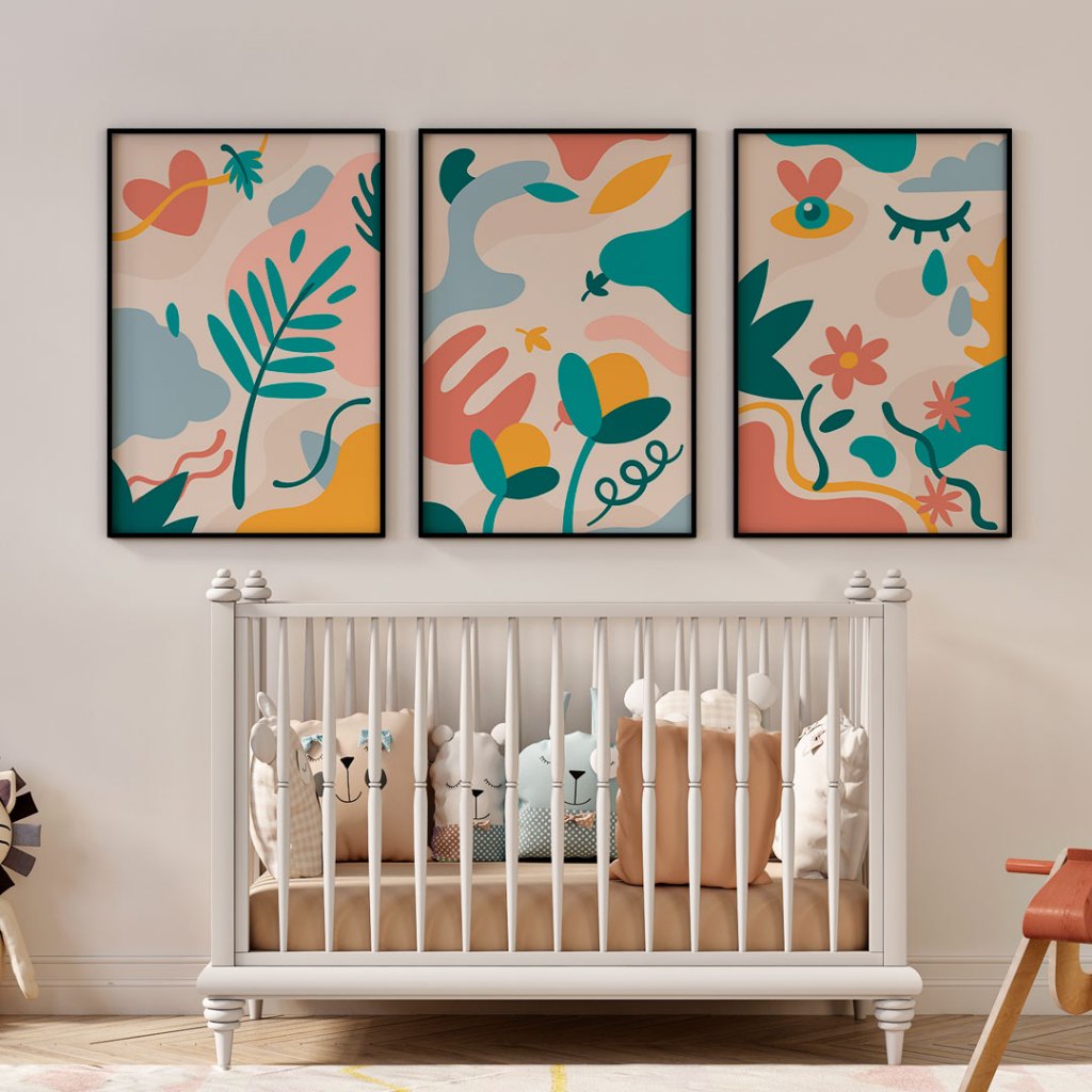 Kit 3 Quadros Decorativos Abstratos Com Moldura Conjunto Decoração Folhagem Cubos Formas Coloridas