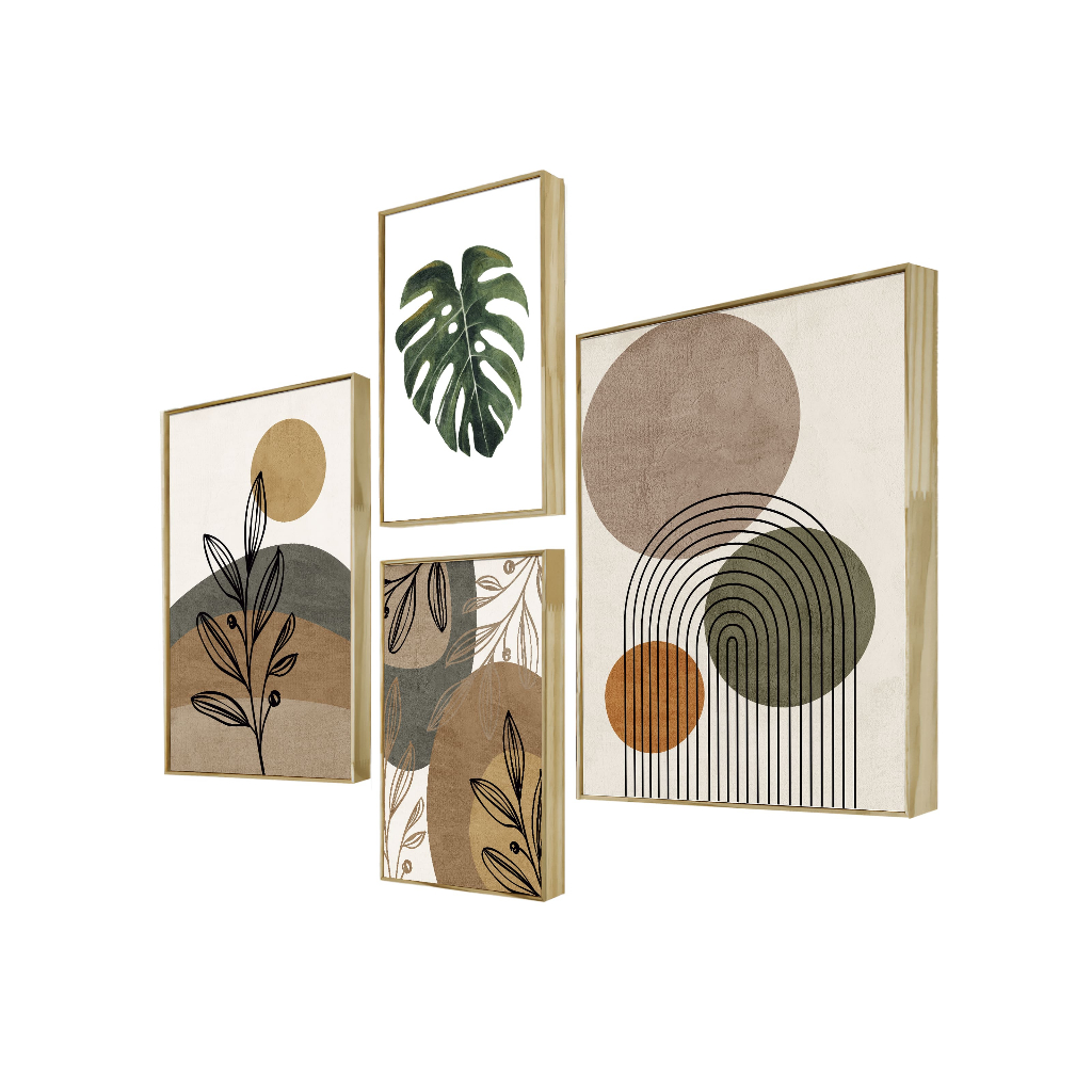 Kit 4 Quadros Decorativos Cozinha  Plantas Formas Coloridas Conjunto Jogo Cubos Geométrico Folhagem