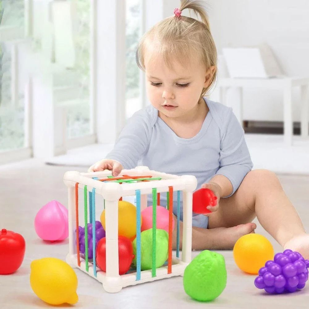 Cubo de encaixe Montessori com frutas coloridas para o desenvolvimento das habilidades motoras finas, presente de