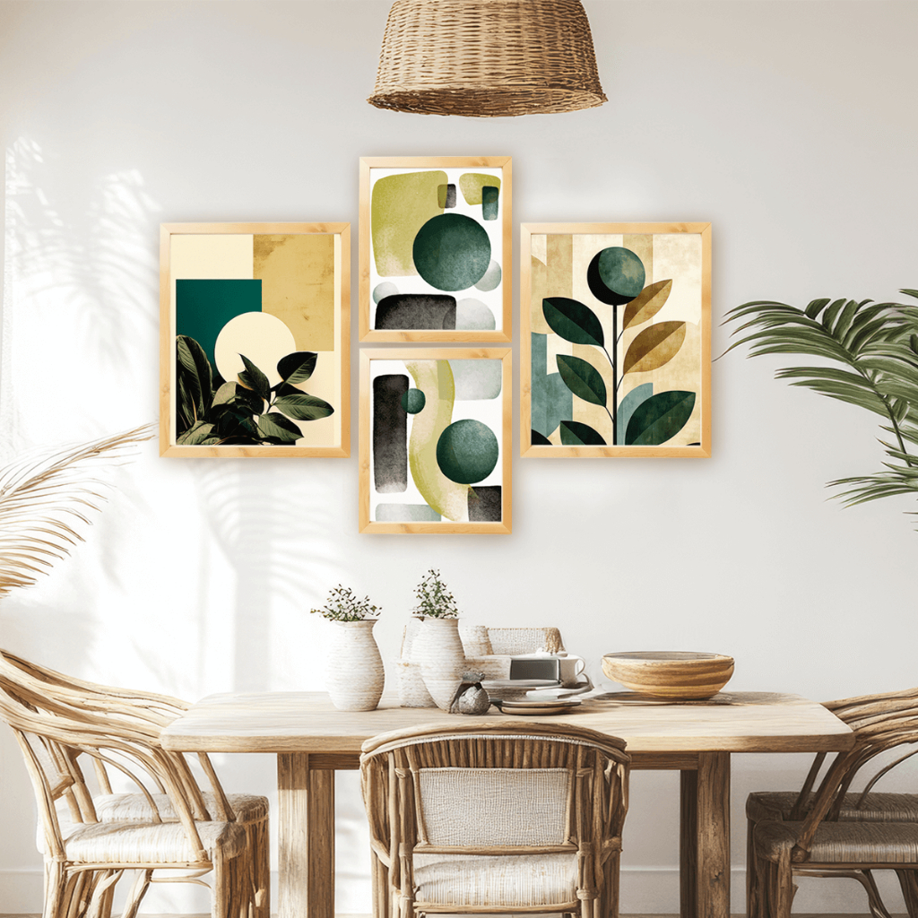 Kit 4 Quadros Decorativos Cozinha Plantas Formas Coloridas Jogo Cubos Folhagem Geométrico