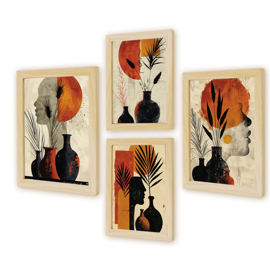 Kit 4 Quadros Decorativos Cozinha Plantas Formas Coloridas Jogo Cubos Geométrico Folhagem