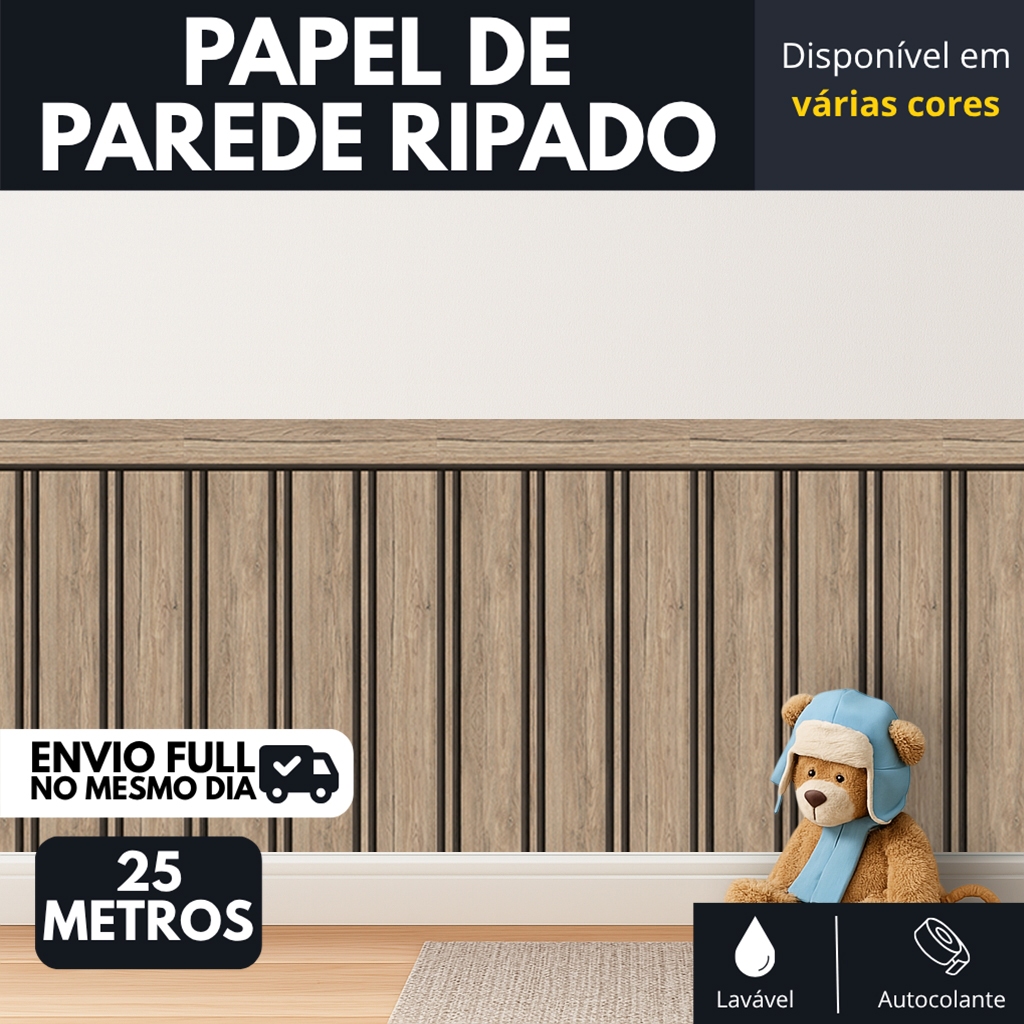 Papel de Parede Ripado  Ripado Madeira Bege Meia Parede Adesivo Quarto Infantil Lavável HD