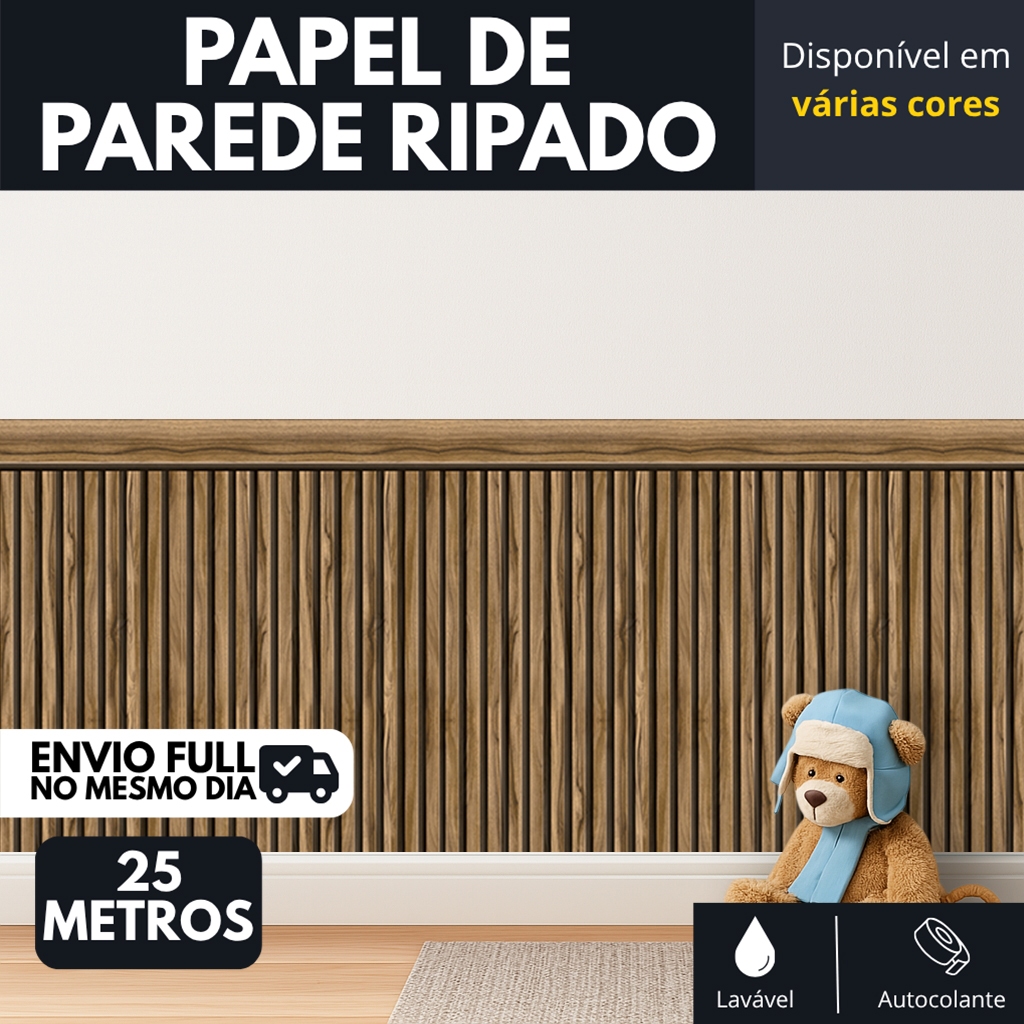Papel de ParedeRipado Madeira Marrom Ripado Meia Parede Adesivo Quarto Infantil Lavável HD
