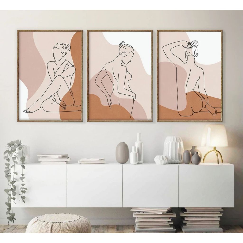 kit 3 quadros decorativos mdf 95x50 alta qualidade full hd mulher poses modelo linhas