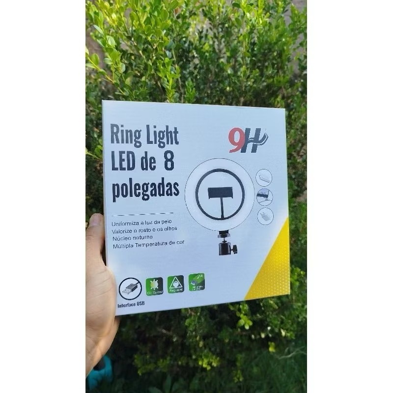 Ring Light LED 8 Polegadas com Tripé 16cm e Suporte de Celular
