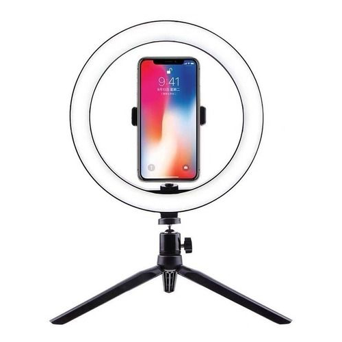 Ring Light De Mesa Iluminador De Led Tripé 6 Polegadas 16cm na cor rosa e preta
