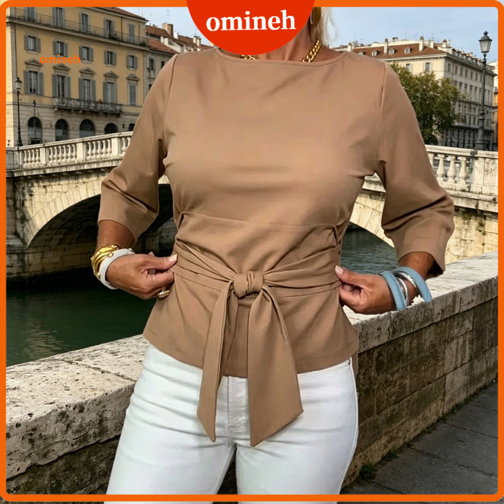 Women Blouse Slim Fit Tops Women’s Summer Top Three-quarter Sleeve Round Neck with Front Lace-up Knot Design Pure Colo