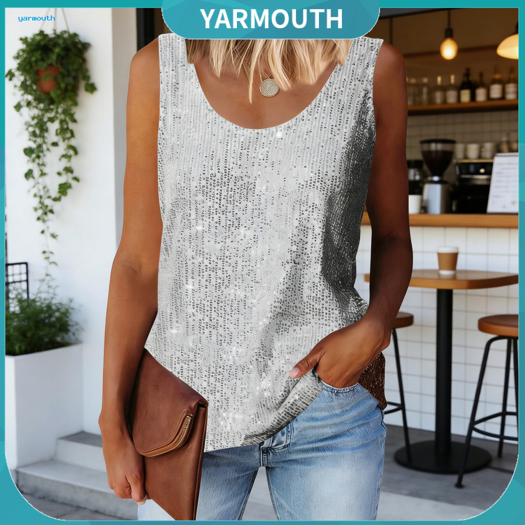 Women Shirt Loose Fit Blouse Women’s Sequin Top Round Neck Shiny Vest Soft Stretchy Summer for Commuting and Wear –