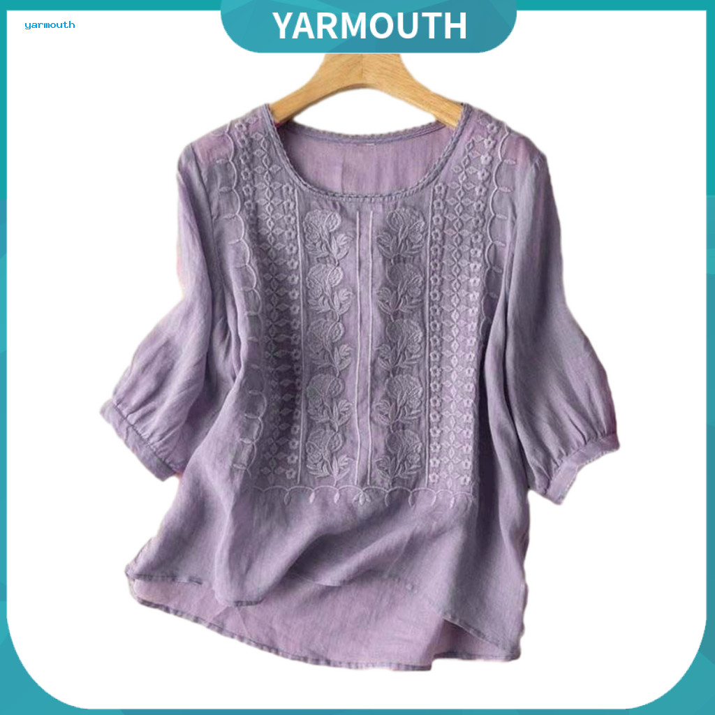 Summer Breathable Embroidered Top Floral Embroidery Tops Women’s Puff Sleeve Blouse Round Neck 3/4 Loose Fit Irregular