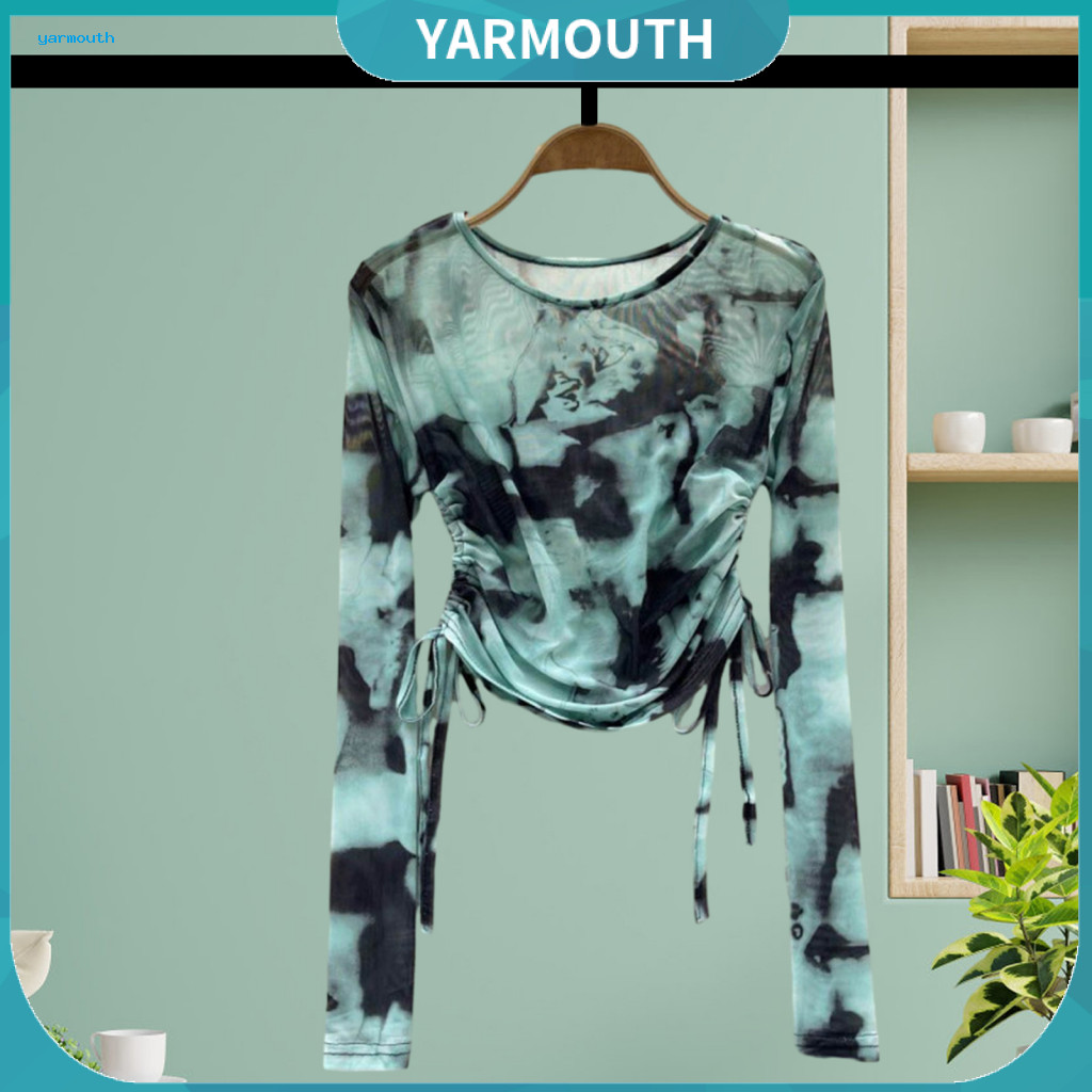 Women Mesh Top Sheer Blouse Women’s Summer Chiffon Shirt Round Neck Long Sleeve Sunscreen with Side Drawstring Tie Dye