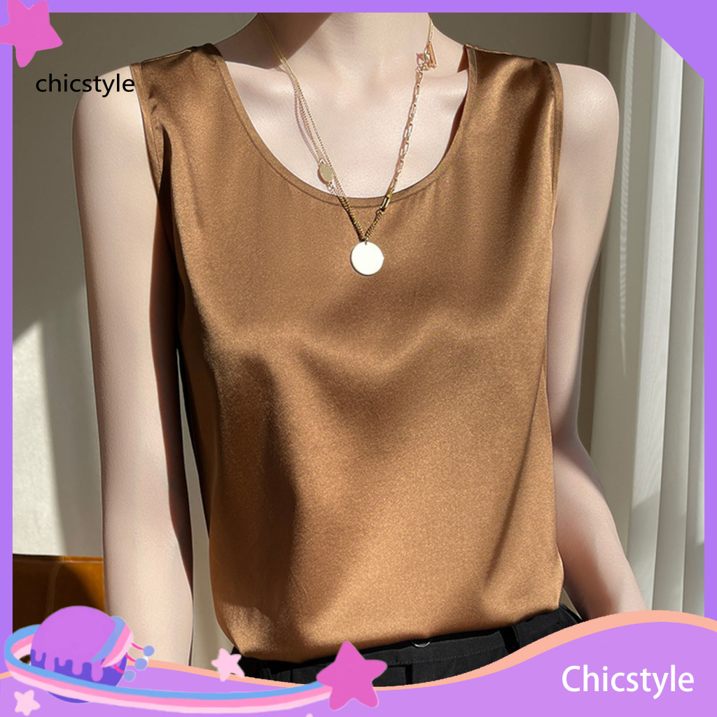 Women Vest Soft Stretchy Camisole Women’s Summer Satin Round Neck Tank Top Smooth Regular Fit for Wear and Clubs – L