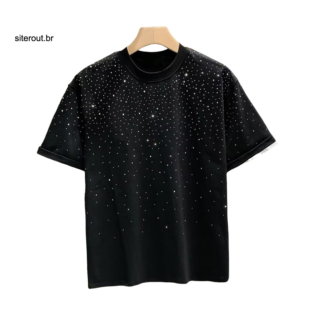 Men Tee Rhinestone Design T-shirt Summer Couple Decor Plus Size Loose Fit Round Neck Short Sleeve Unisex Pullover Solid