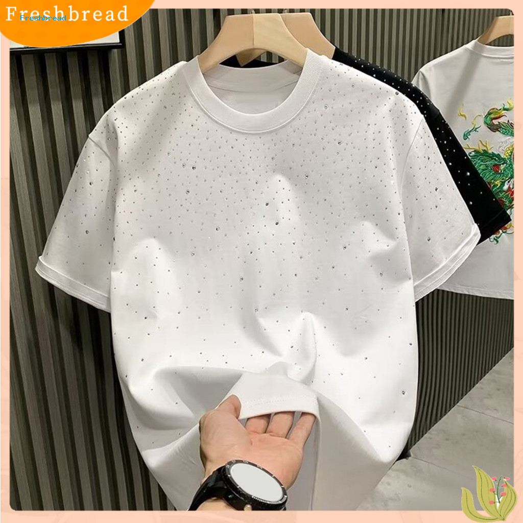 Solid Color Men Top Loose Fit Summer Couple T-shirt Rhinestone Decor Plus Size Round Neck Short Sleeve Pullover Mid-leng
