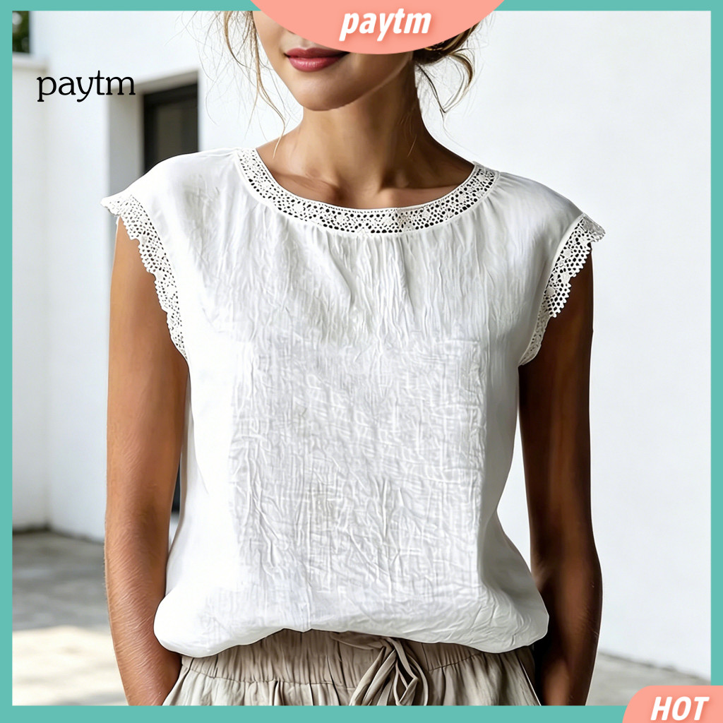 Relaxed Fit Women Tops Skin-friendly Fabric Top Women’s Summer Round Neck Loose Vest with Lace Splicing – Lightweigh