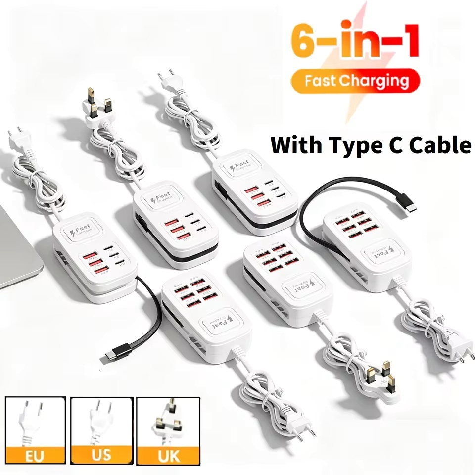 6 USB Um Carregador Tomada De Carregamento Rápido Com Cabo Tipo C 3 3PD Power Strip Telefone Móvel Ue/Eua/Plug Adaptador