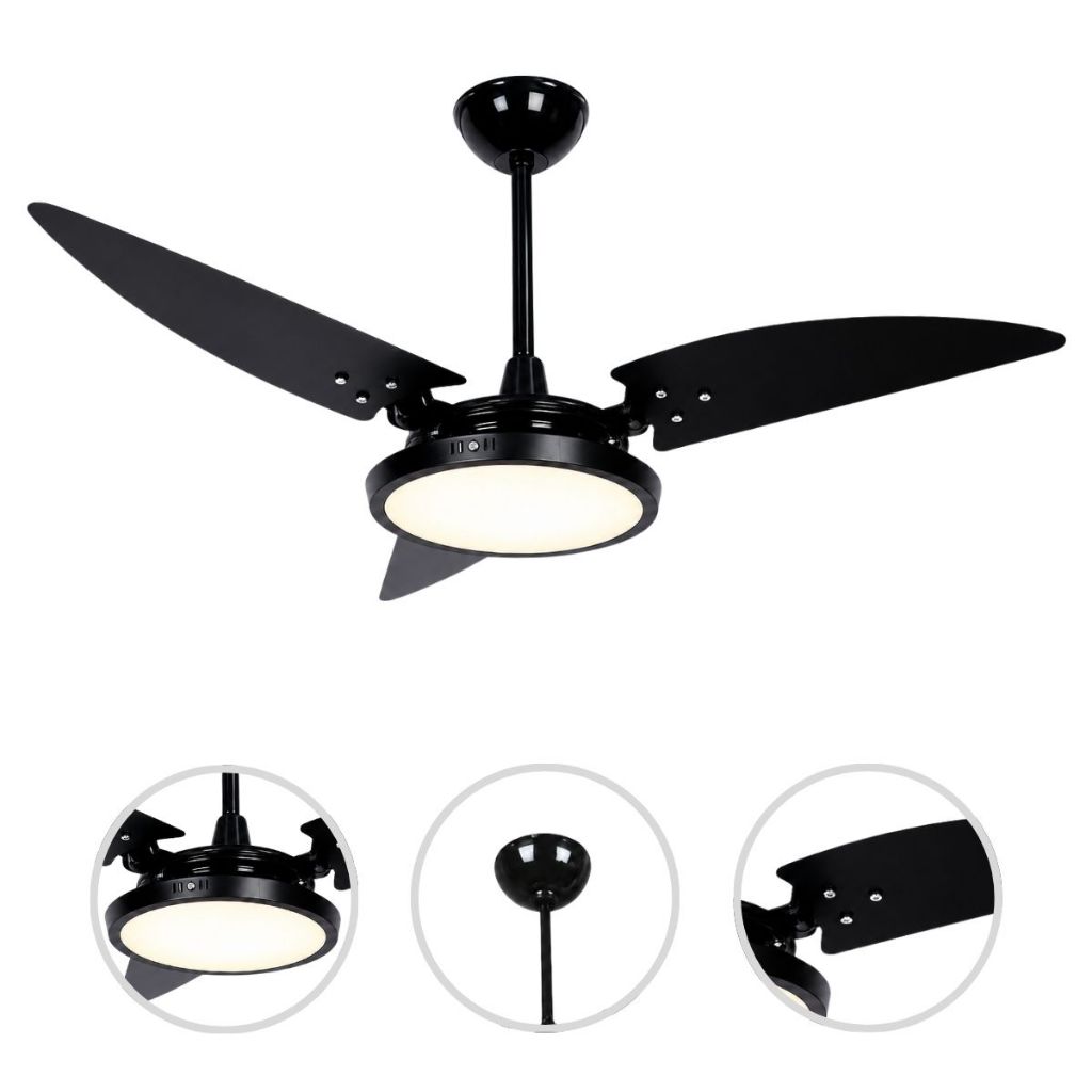 Ventilador Teto Preto Maragogi 150W Ventex Silencioso 3 Pás Com Led Luz 24W Potente Sala Quarto Eco