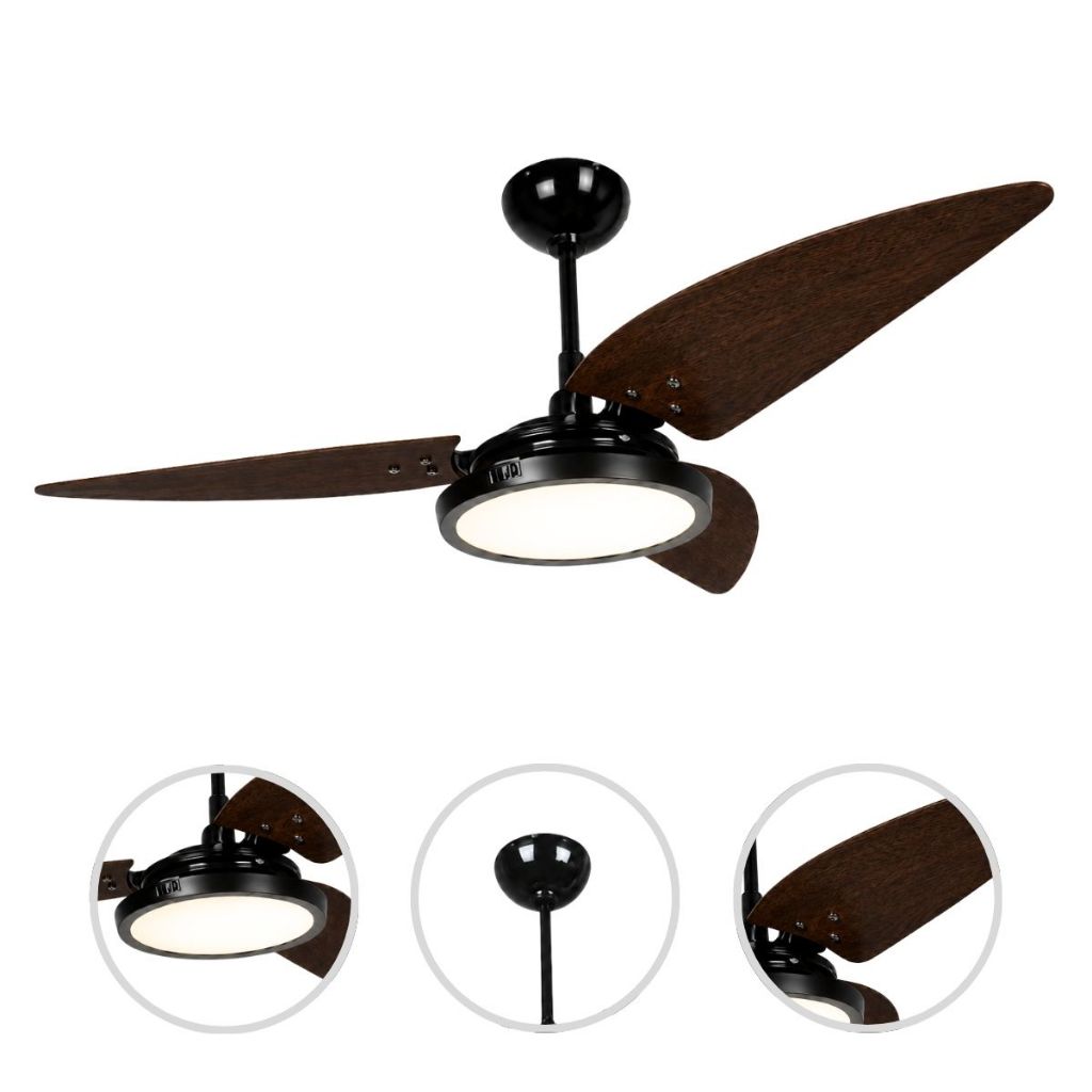 Ventilador Teto 150W Silencioso Preto 3 Pás Tabaco Ventex Maragogi Luminária Luz Led Sala Quarto Eco