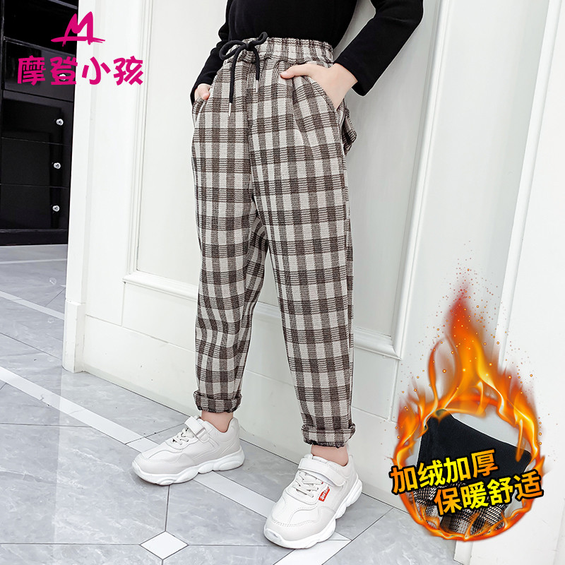 Meninas calças de lã novo estilo roupas de inverno engrossado velo xadrez calças soltas Retro britânico calças Harem cal