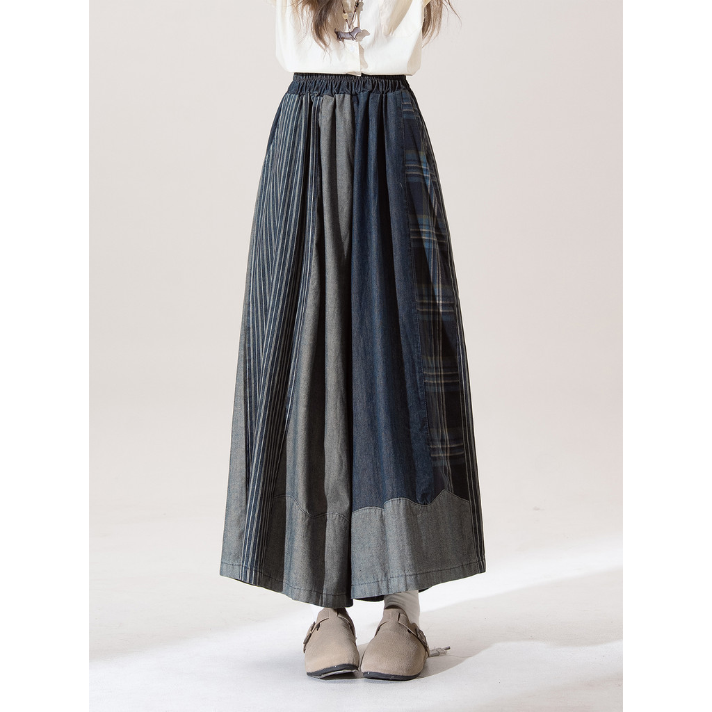 Retro preto Irregular xadrez costura calças de perna larga feminino outono novo estilo pequeno cintura alta Culottes cal