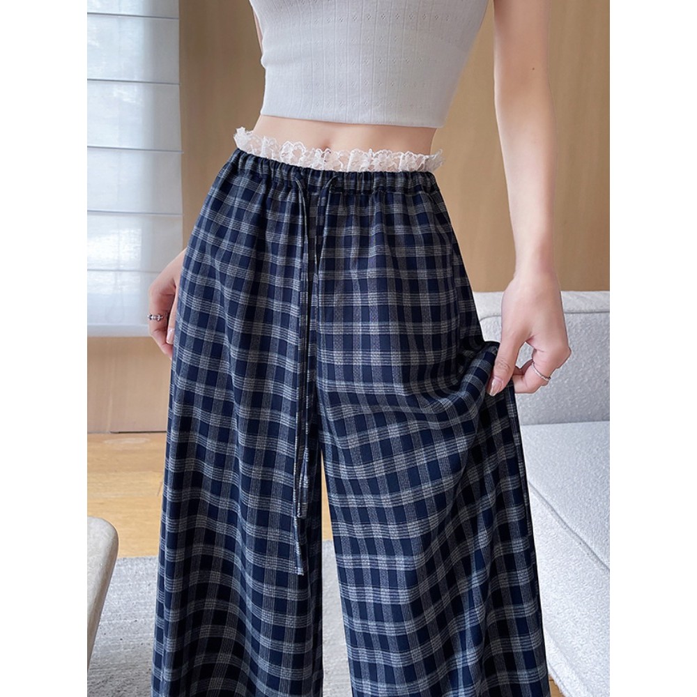 Calças de perna larga xadrez de renda feminina verão 2026 novo estilo estilo fino solto cintura alta Drape moda reta cal