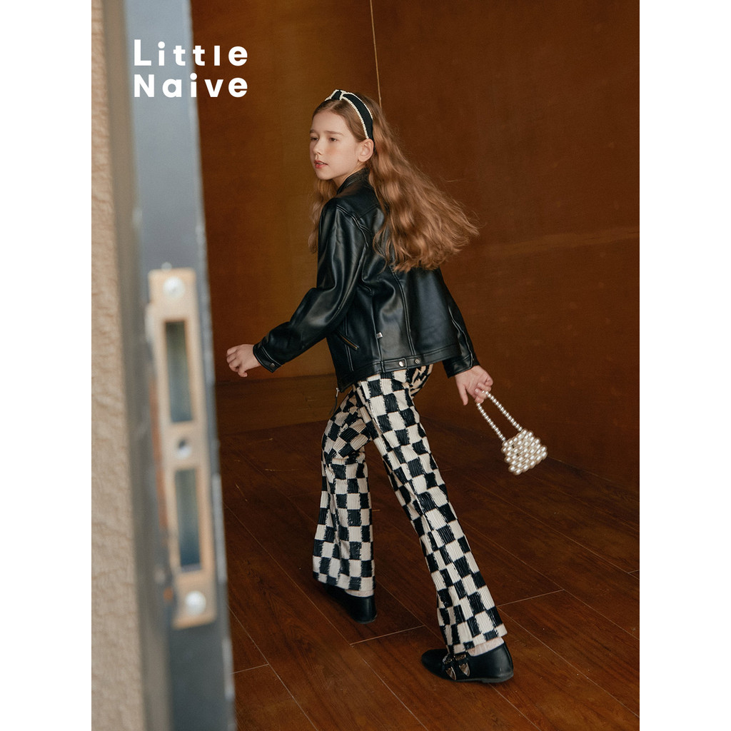 LittleNaive Calças largas para meninas primavera outono novo estilo xadrez calças casuais infantis moda média grande cal