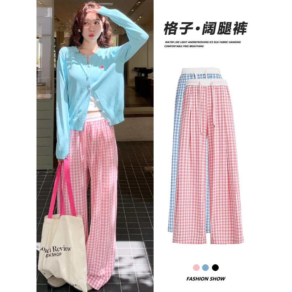 Dopamina rosa xadrez calças femininas primavera outono verão 2025 novo estilo pequeno cintura alta preguiçoso Casual cal