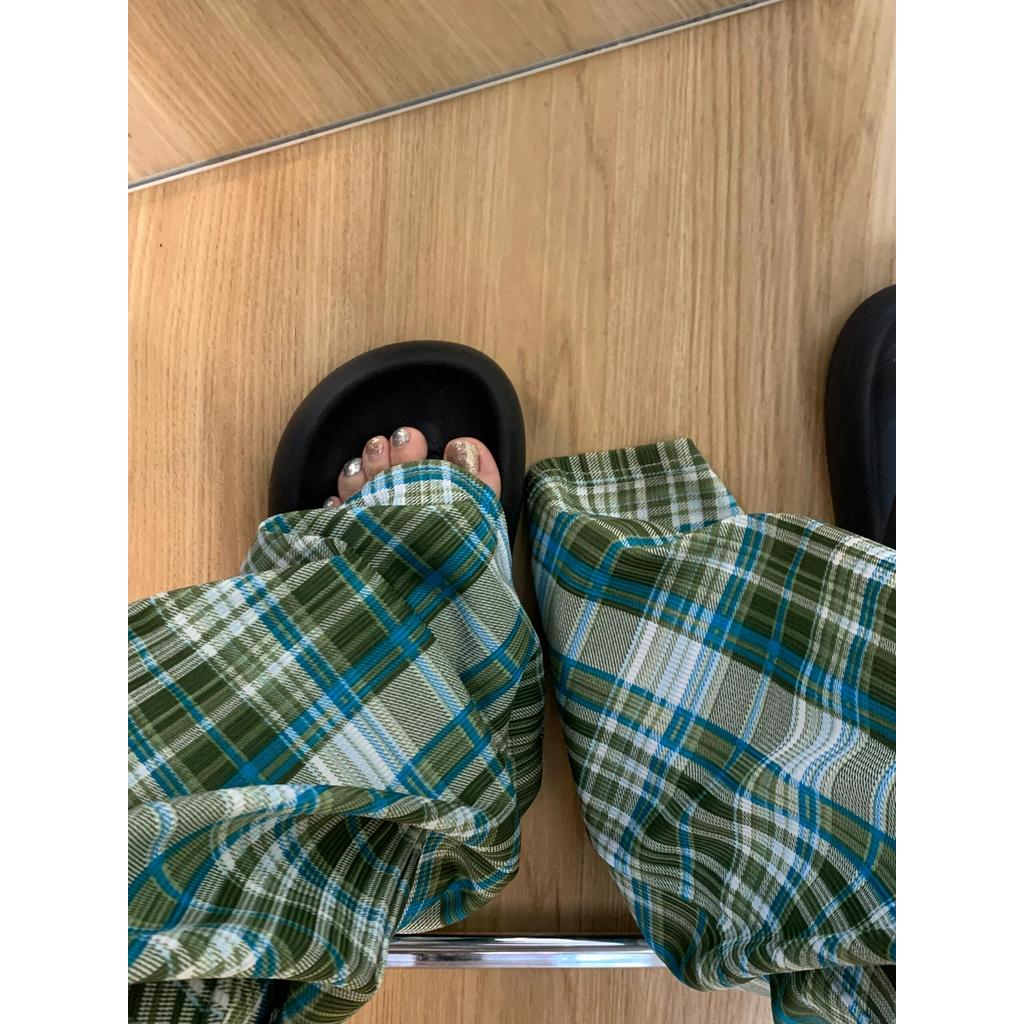Calças xadrez verdes femininas verão estilo fino andando calças curvas soltas estilo preguiçoso pode usar fora legal cal