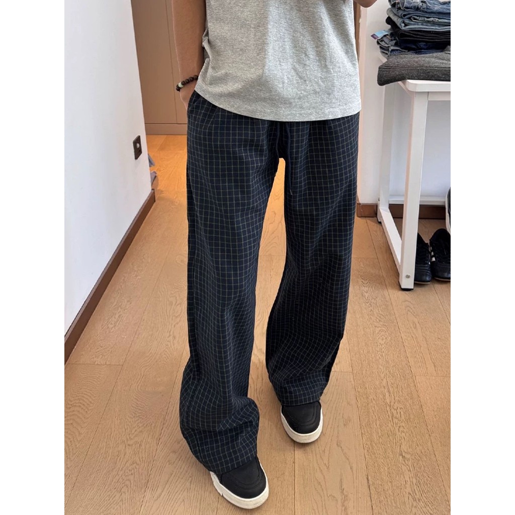 Azul marinho americano Retro cintura cordão xadrez calças masculinas verão estilo fino Houndstooth estilo preguiçoso cal
