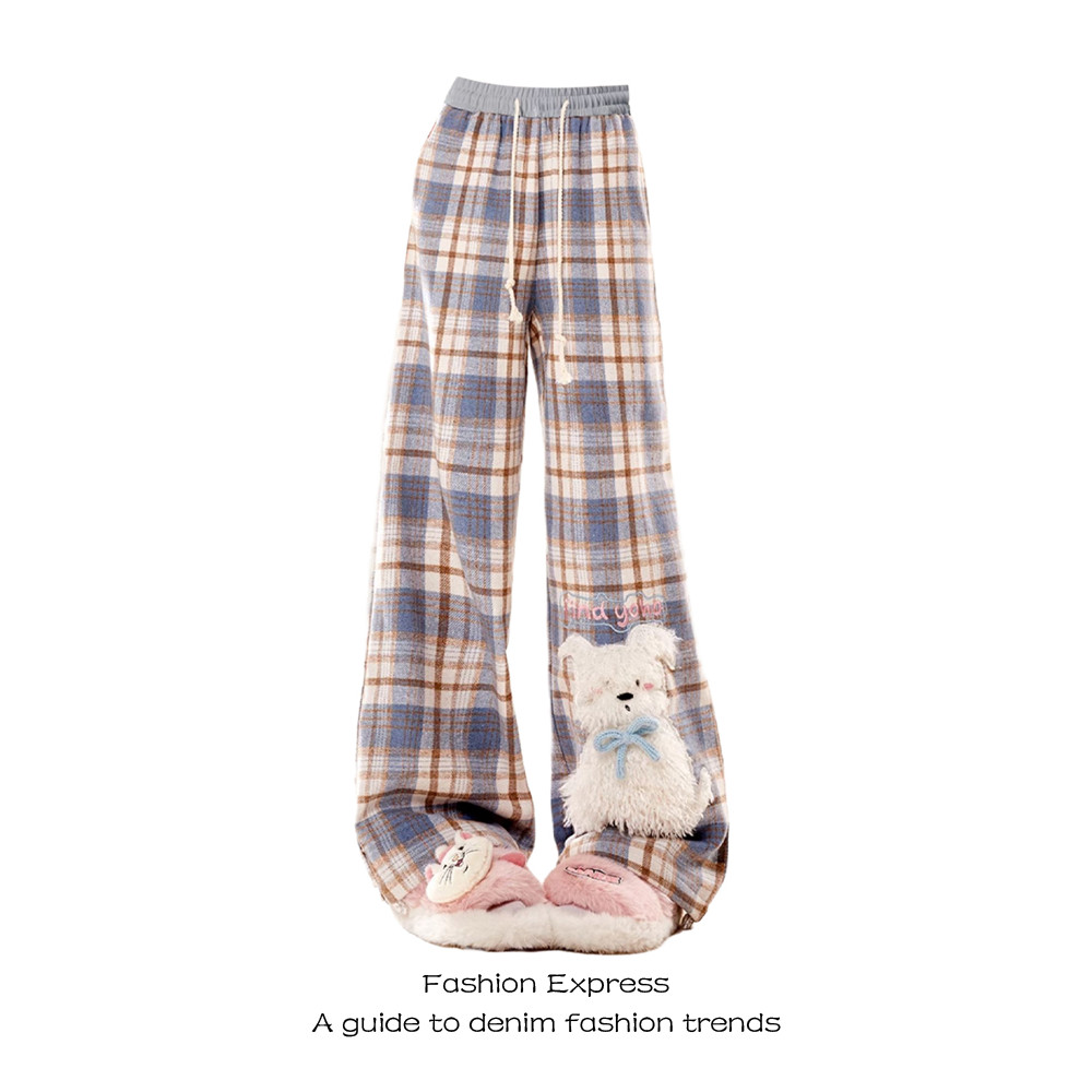 Peludo filhote de cachorro remendo Casual calças xadrez feminino outono inverno 2025 novo estilo em linha reta solta cal