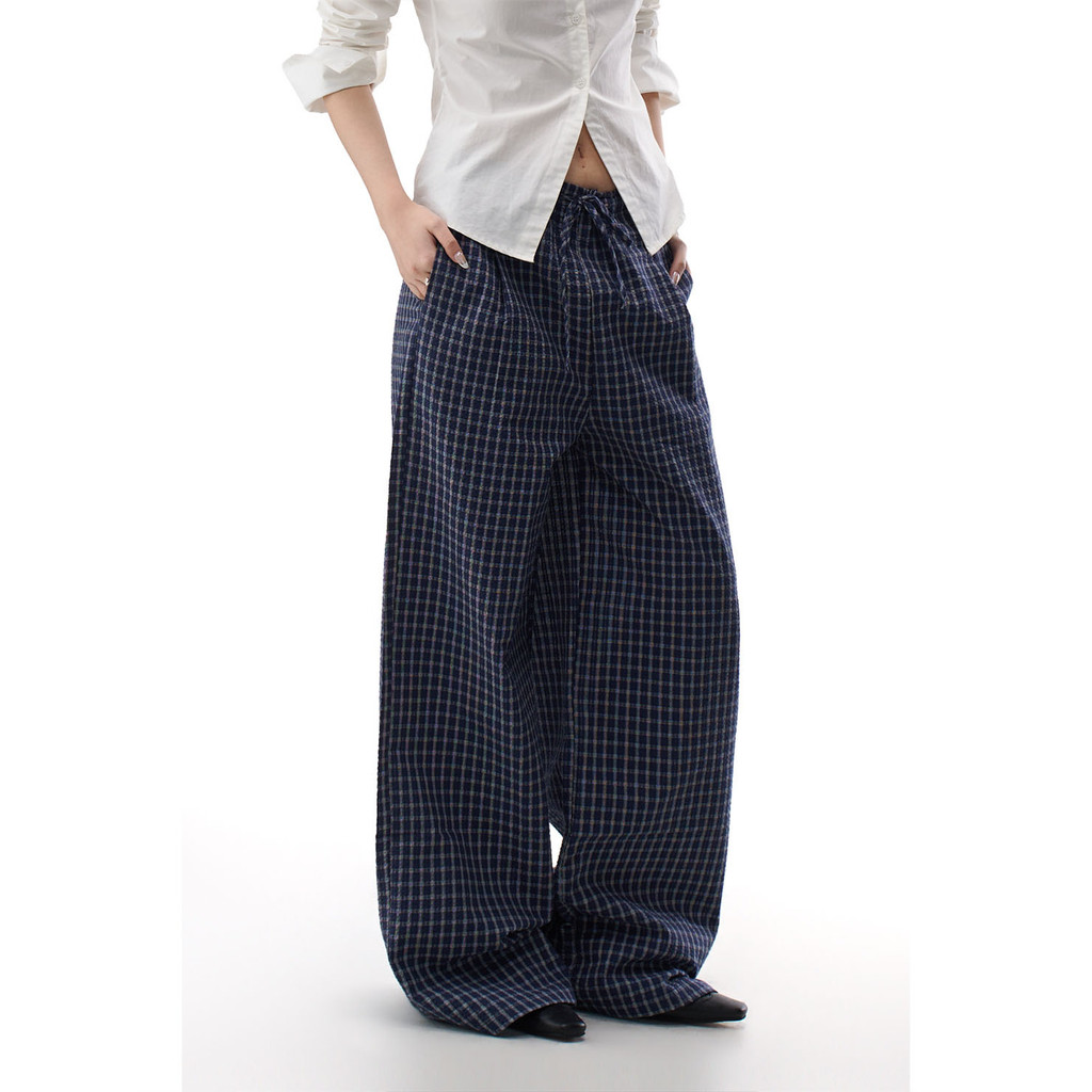 AGUA azul marinho xadrez calças casuais femininas verão novo estilo fino cintura baixa rendas cintura elástica solta cal