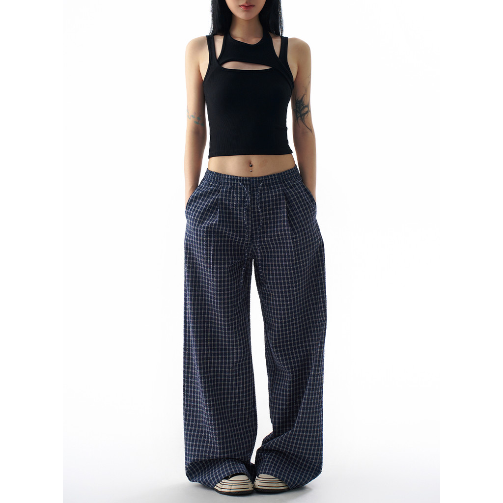 AGUA americano Retro fino azul xadrez calças casuais feminino verão novo estilo cintura baixa solta mais magro olhar cal
