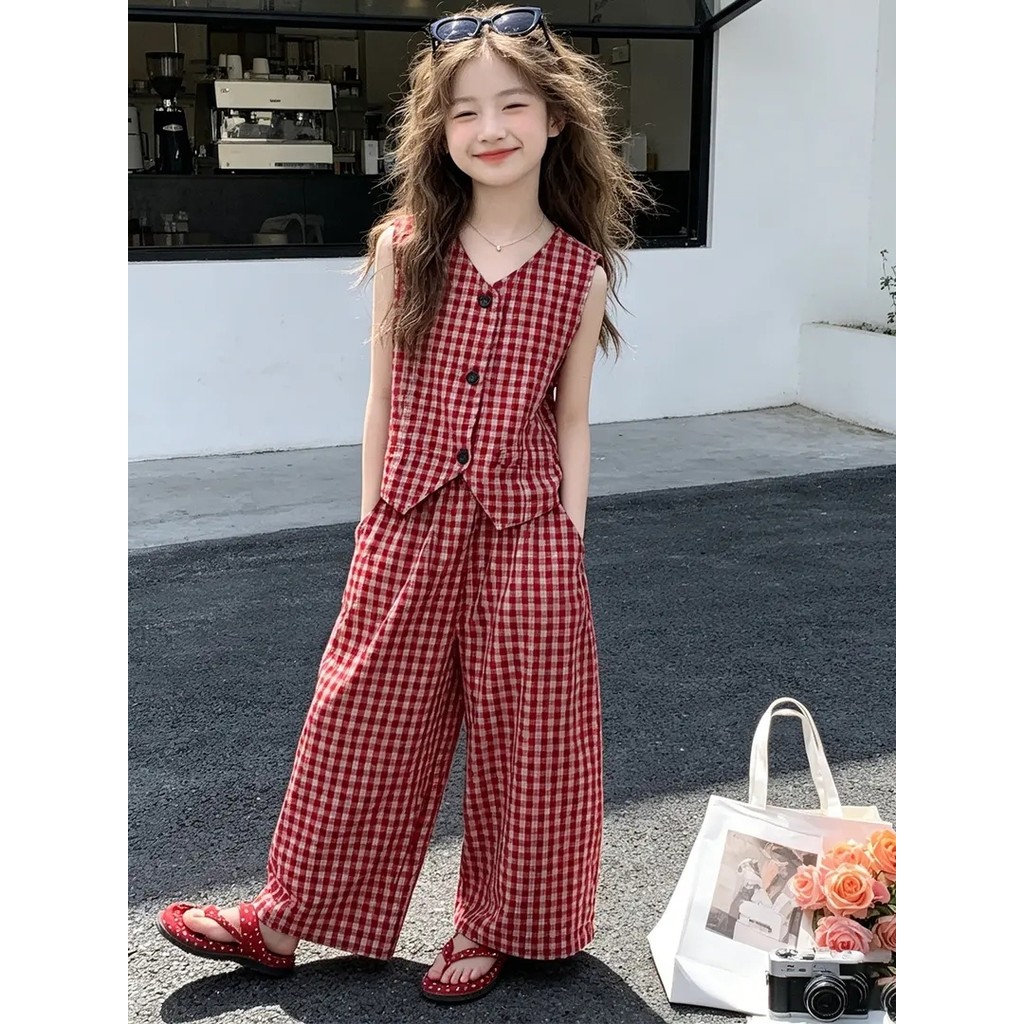 Meninas estilo britânico terno fino verão 2026 novo estilo crianças estilo ocidental vermelho xadrez colete superior cal