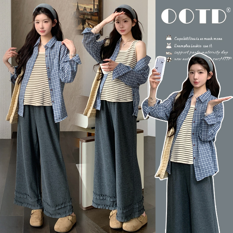 Primavera verão roupas novo estilo roupas de maternidade Casual camisa xadrez verão listrado colete camisa jaqueta + cal