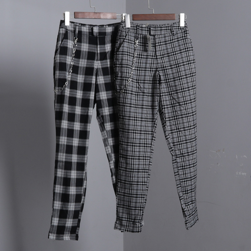 Com corrente traseira cintura elástica xadrez pés pequenos Retro xadrez calças femininas primavera verão novo estilo cal