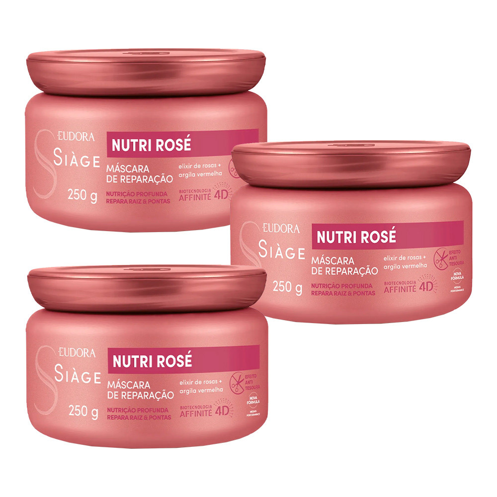 Kit 3 Máscara de Nutrição Capilar Nutri Rosé Repara Raiz e Ponta 250g Eudora Siàge