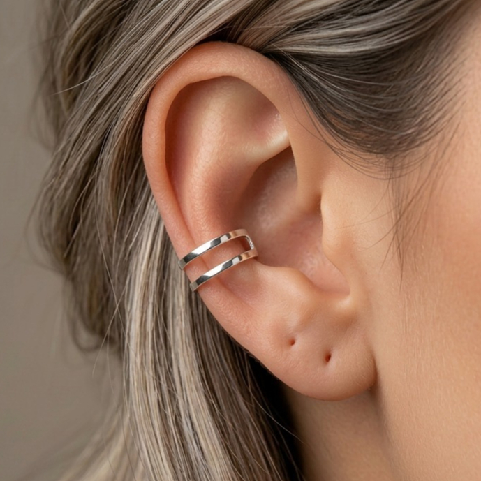 Piercing Fake Duplo Dois Fios Liso Pressão Delicado em Prata 925 Legítima
