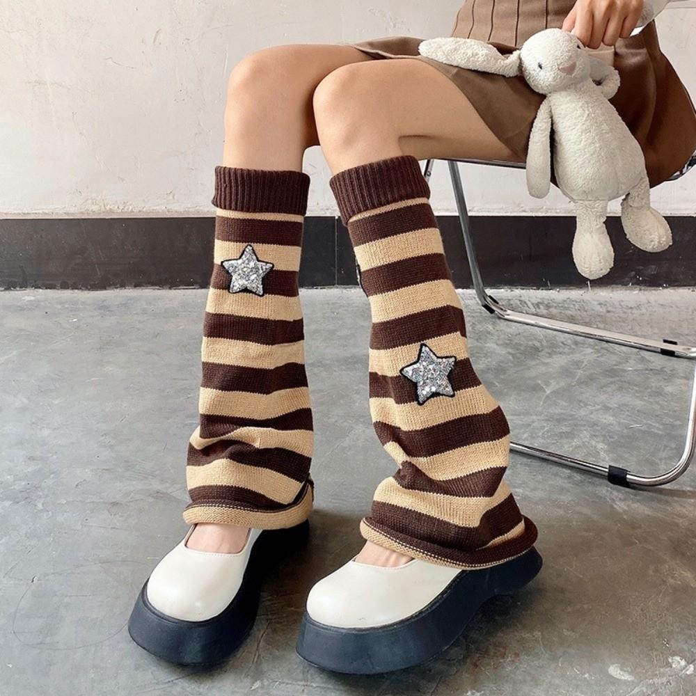 FTARLY Meias Altas Na Coxa , Polainas Listradas De Malha , Padrão Estrela Lolita JK Y2K Bota Streetwear