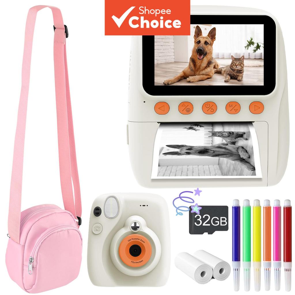 Câmera Instantânea Impressão 1080p - com cartão SD 32GB, 5 rolos de papel e bolsa, para crianças de 3 a 12 anos