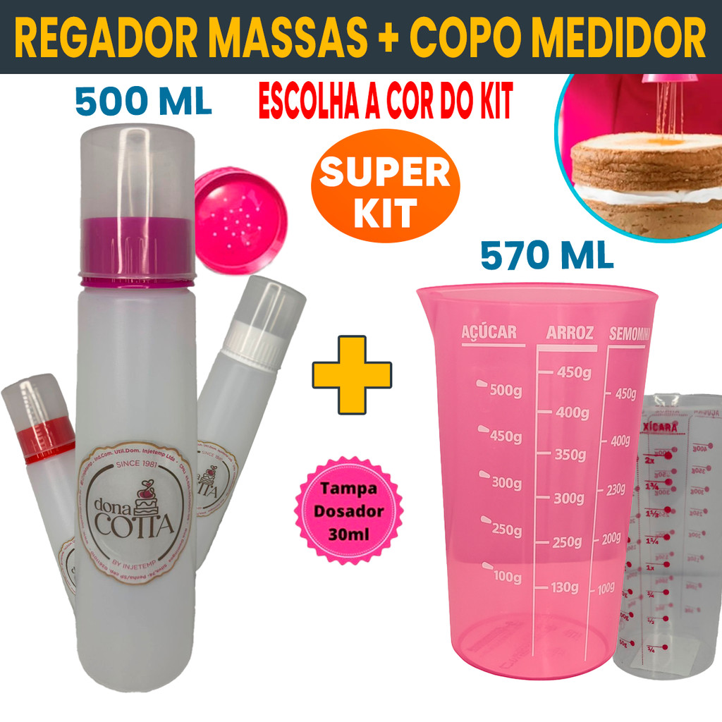 Regador Bisnaga Umedecer Massas Bolo + Copo Medidor Várias Cores