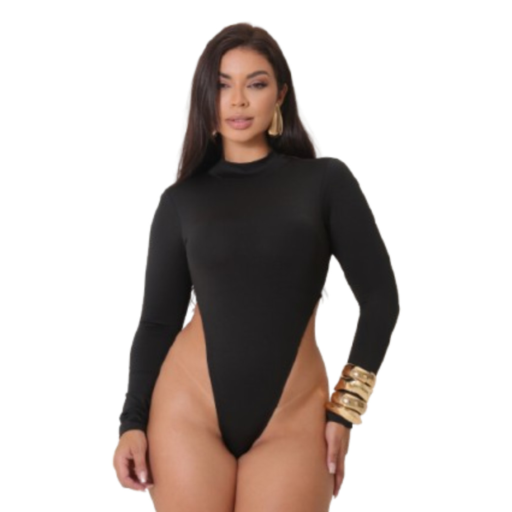 Body Feminino Preto Manga Longa Cavado Com Bojo Ousadia