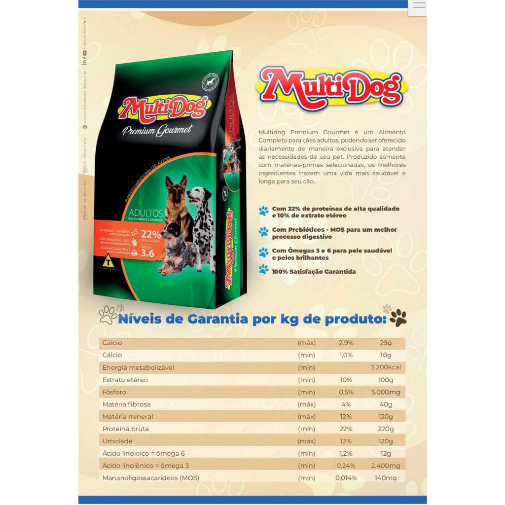 RaÇão Premium Multidog 22% Proteina Saco 15kg  BRINDE  1 PACOTE DE BIFINHOS CANIS 65 GRAMAS  FRANGO