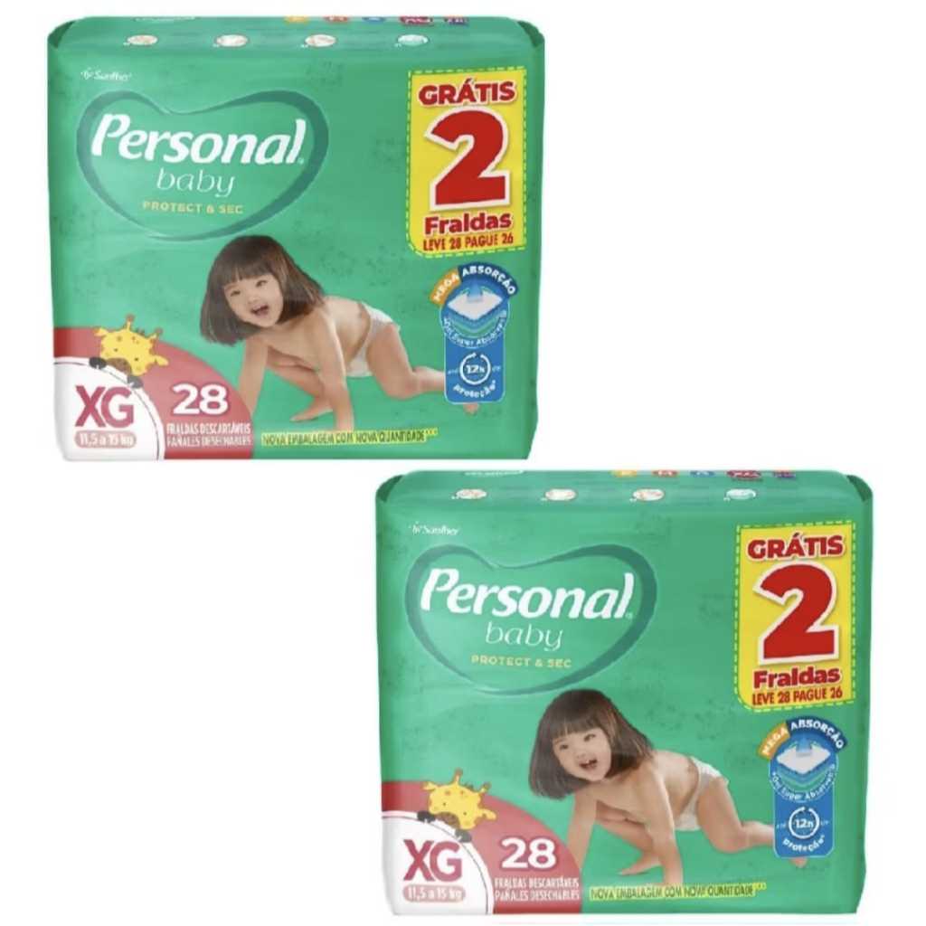 Kit 2 Pacotes Personal Baby XG 28 Fraldas + 2 Grátis | 60 Fraldas Protect & Sec | Até 15kg